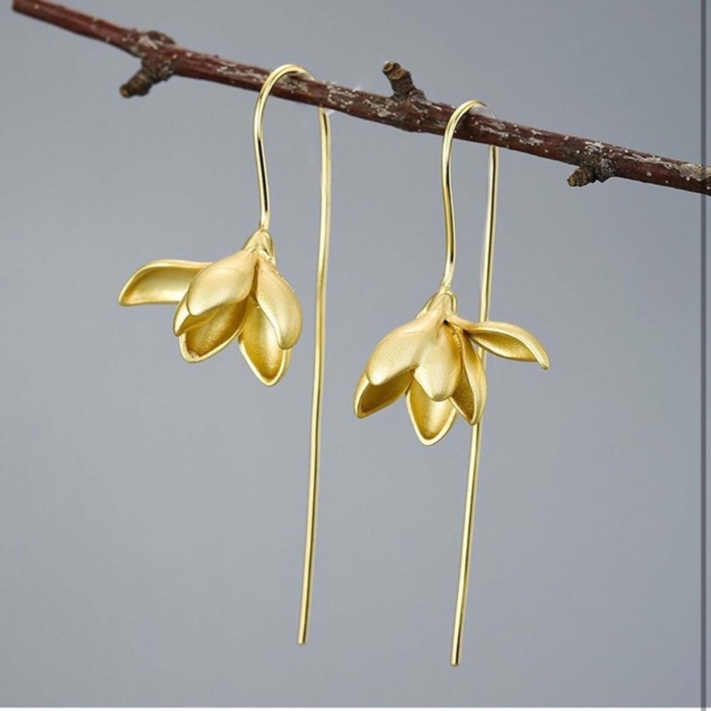 New Earrings Flower Gold Plated Steel Drop Dangle Magnolia 14k gold plated